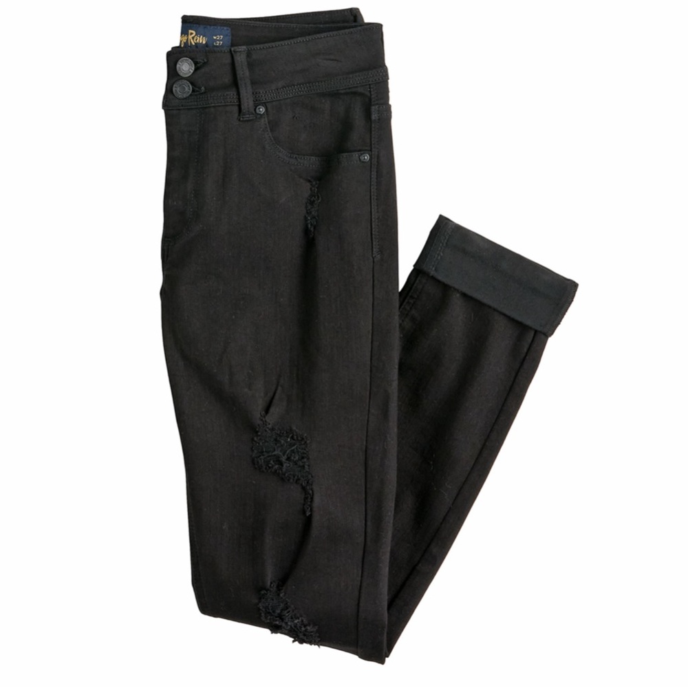 Indigo Rein Black Charcoal Distressed Frayed Stretch Straight Leg Jeans Size 11 - Picture 2 of 6
